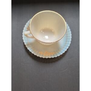 Vintage MacBeth Evans Teacup & Saucer Gold Decal 1930's Opalescent Blue